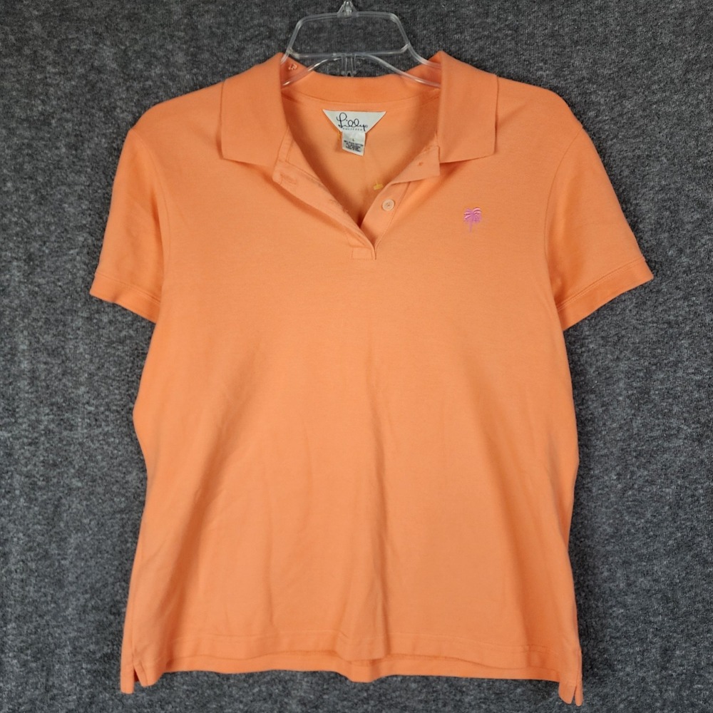 Lilly Pulitzer Polo Shirt Womens L Orange Palm Tree Logo Pima Cotton EUC